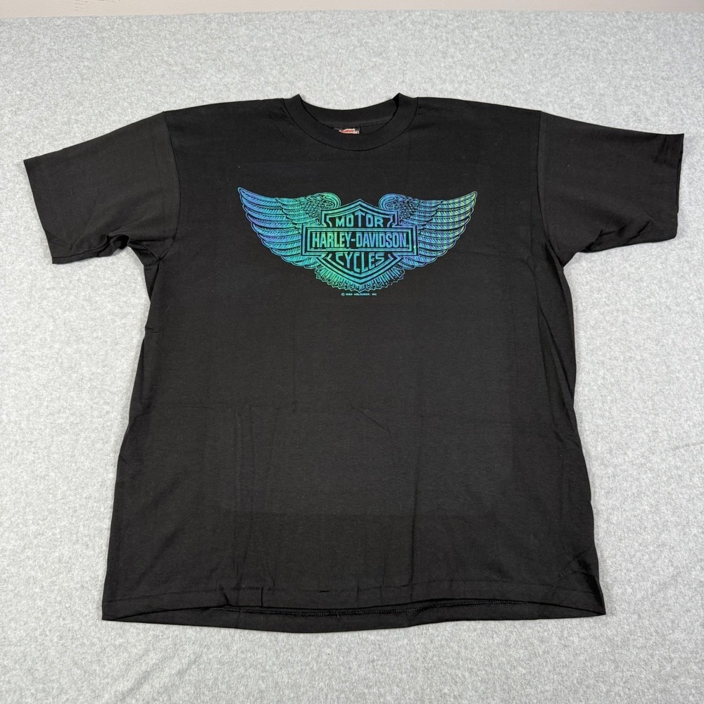 Vintage 1990 Harley Davidson Holoubek T-Shirt XL Black Iridescent Winged USA